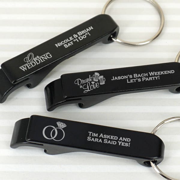 Personalized Black Aluminum Key Chain Bottle Opener, Bottle Opener Wedding Favor, Bachelor Party