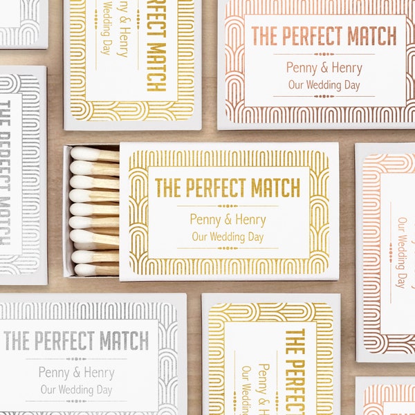 Vintage Wedding Favor Matches, "Perfect Match" Personalized Matches, Personalized Matchboxes, Art Deco Wedding Vibe, Foil - Set of 50