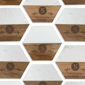 Personalized Engraved Marble Wood Coasters, Wedding Gift, Bridal Shower Gift, New Home, Housewarming Gift, Single Initial Coasters -Set of 4