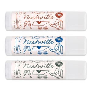 Personalized lip balm is used as gifts for your destination bachelorette party or wedding.  We drew fun doodles of Nashville and the design includes two lines of custom text.