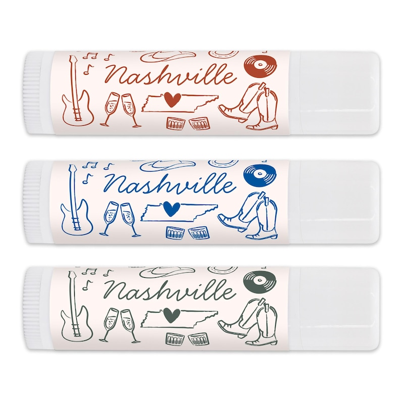 Personalized lip balm is used as gifts for your destination bachelorette party or wedding.  We drew fun doodles of Nashville and the design includes two lines of custom text.