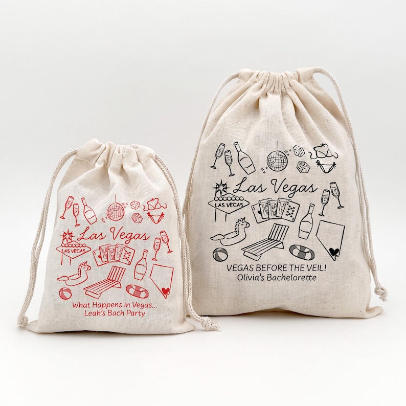 Natural color cotton bags with drawstring top with a Las Vegas doodle design representing a disco ball, playing cards, Vegas sign, pool floats, and other pool related icons.  Includes two lines of custom text.