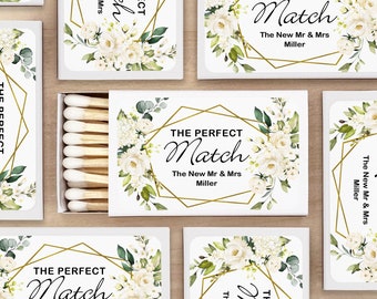 Wedding Favor Matches, "Perfect Match" Personalized Matches, Personalized Matchboxes, Geometric Florals -Set of 50