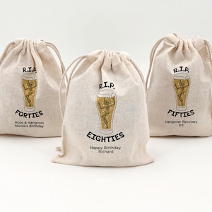 Beer Birthday Party Favor Bags, Custom Mini Drawstring Tote Bag, Birthday Favors, RIP Fifties, Over the Hill Birthday, Brewery Themed Party