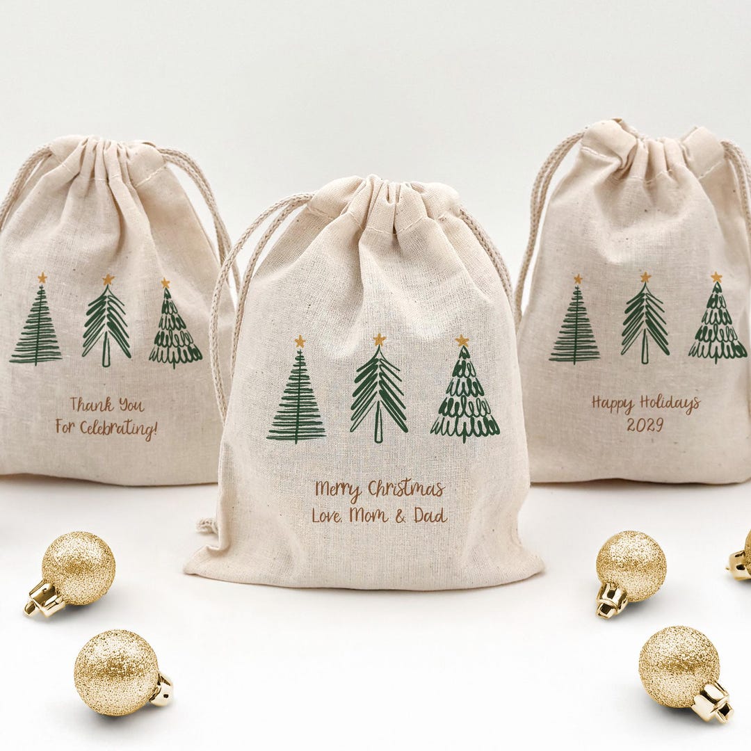 Hand Drawn Christmas Tree Drawstring Goodie Bags, Custom Mini ...