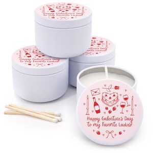 Mini personalized candle favors to celebrate you Valentines Day or Galentines Day.  Features Valentines Day doodles and two lines of custom text.