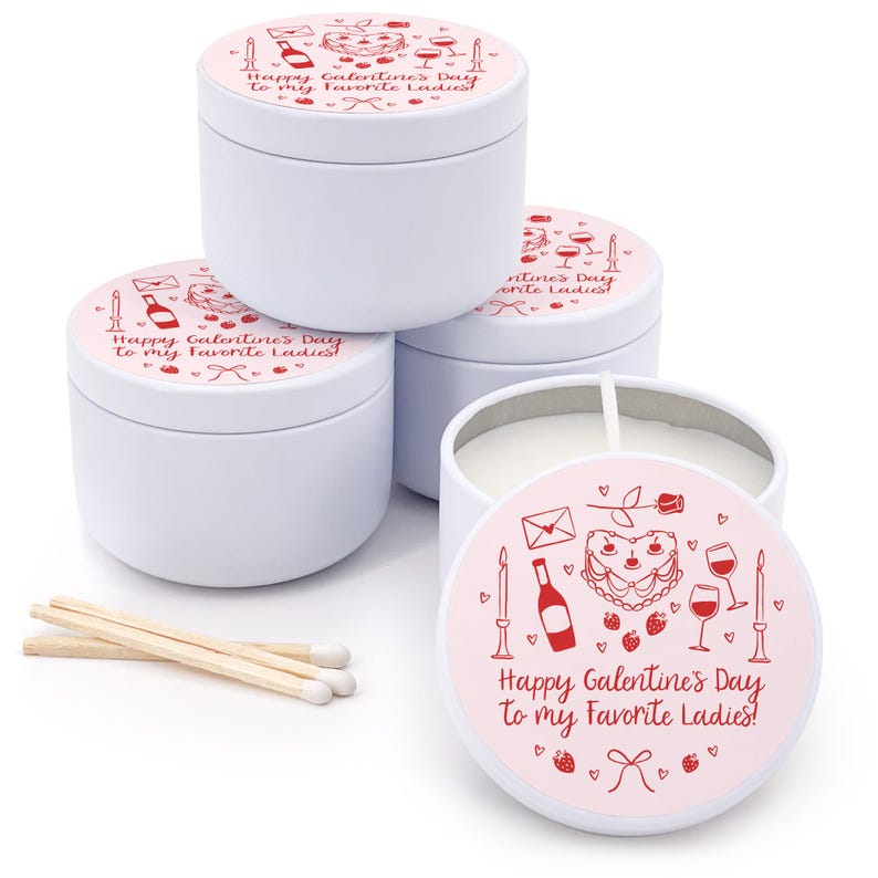 Mini personalized candle favors to celebrate you Valentines Day or Galentines Day.  Features Valentines Day doodles and two lines of custom text.