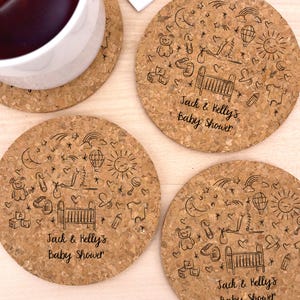 Personalized Round Coasters, Hand Drawn Baby Icon Sketches on Cork Coasters, Baby Shower Favors For Guests - Set of 12