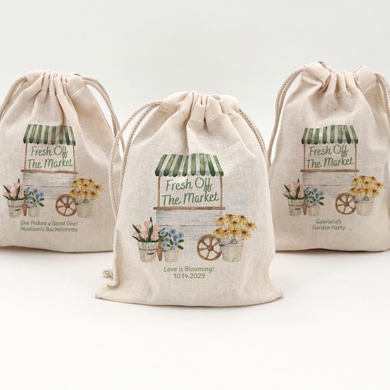 Fresh off the Market Bridal Shower Favor Bags, Custom Mini Drawstring Tote