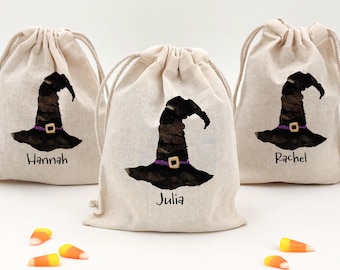 Witch Hat Halloween Goodie Bags, Personalized Treat Bags, Mini Drawstring Bag