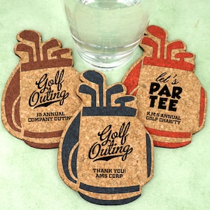 Sports Themed Favors, Personalized Golf Bag Cork Coasters, Sports Themed Cork Coaster, Golf Outing Giveaway, Let&#39;s Par-Tee - Set of 12
