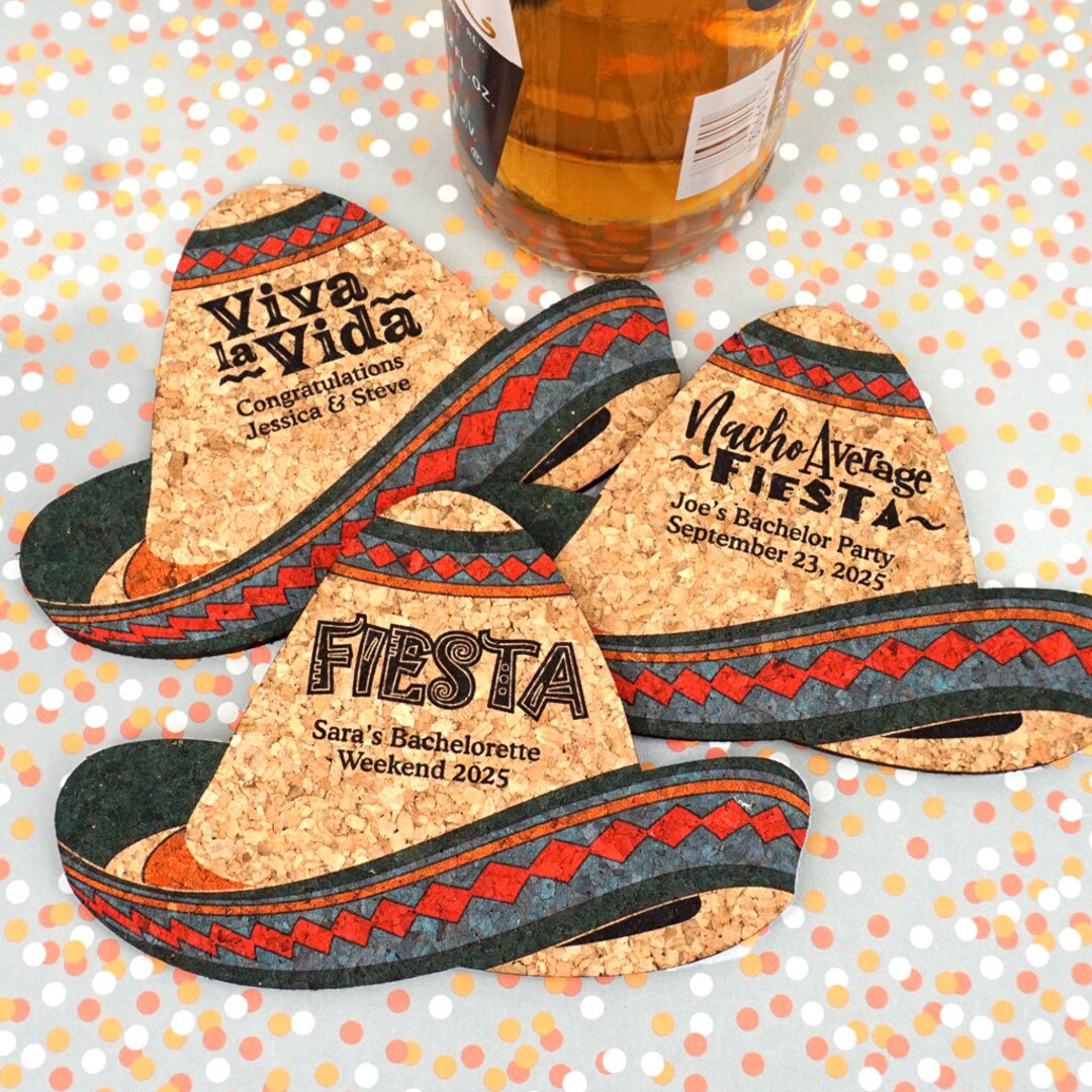 Personalized Party Favors, Sombrero Shaped Cork Coaster, Fiesta Party