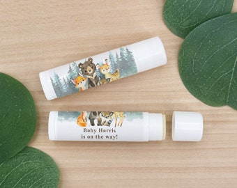 Woodland Animal Baby Shower Favors, Personalized Lip Balm Favors, Gender Reveal Favors - Set of 12