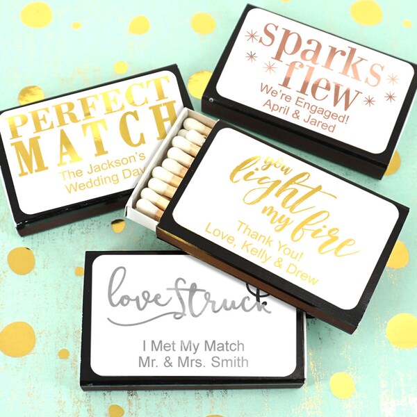 Wedding Favors, Sparks Flew Matches, "Perfect Match" Metallic Foil Personalized Matches - Set of 50, UNASSEMBLED (Black Box)