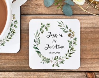 Personalized Wedding Coasters, Greenery Heart Wedding Coaster, Wedding Favors, Reception Table Setting Decor, Bridal Shower Favors