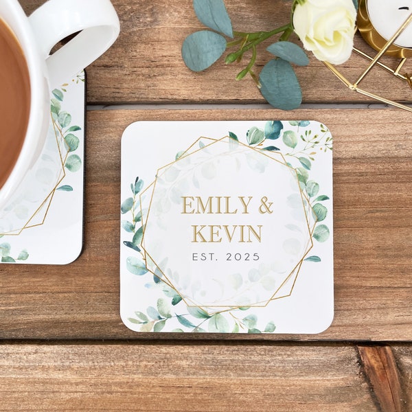 Personalized Wedding Coasters, Eucalyptus Geometric Wedding Coaster, Wedding Favors, Reception Table Setting Decor, Bridal Shower Favors