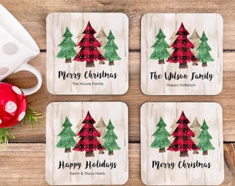 Buffalo Plaid Christmas Tree Coasters, Fun Coasters, Coaster Set, Christmas Decor, Christmas Gift for Women, Christmas Decor