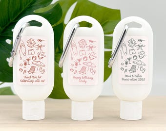 Beach Bach, Bachelorette Favors, Bachelorette Gift, Bachelorette Party, Sunscreen with Carabiner, Beaches & Bikinis, Sun Squad - Set of 12