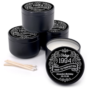 Mini personalized candle favors for guests to celebrate your vintage birthday