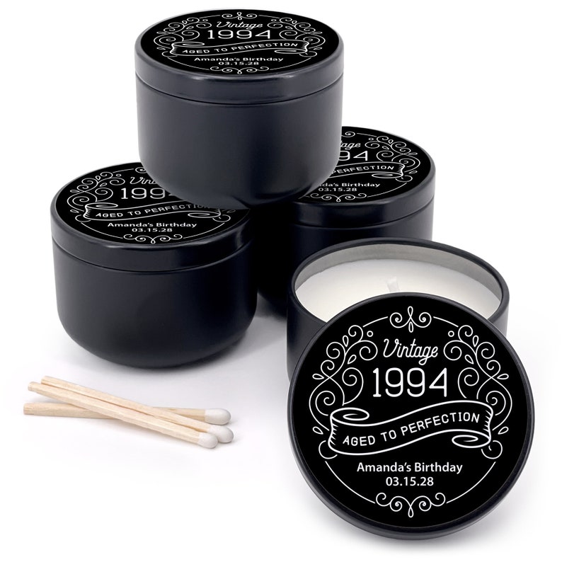 Mini personalized candle favors for guests to celebrate your vintage birthday