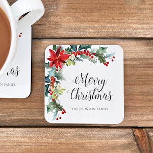 Traditional Christmas Coasters, Poinsettia Coaster Set, Christmas Decor, Christmas Gift, Holiday Dinner, Festive Holiday Coasters