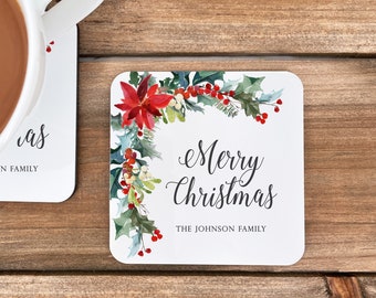 Traditional Christmas Coasters, Poinsettia Coaster Set, Christmas Decor, Christmas Gift, Holiday Dinner, Festive Holiday Coasters