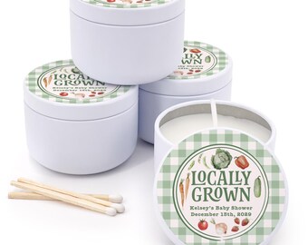 Personalized Candle Favors, Locally Grown Shower Theme, Baby Shower Favors, 2 oz candles