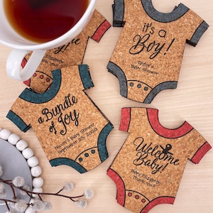Baby Shower Favors, Personalized Baby Bodysuit Shaped Cork Coasters, Baby Shower Cork Coaster Favors, Bundle of Joy, Oh Baby - Set of 12