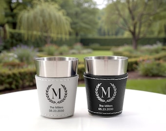 Custom Monogram Faux Leatherette Shot Glass: Personalized Wedding Gift, Bachelor Party Gift, 21st Birthday Favors