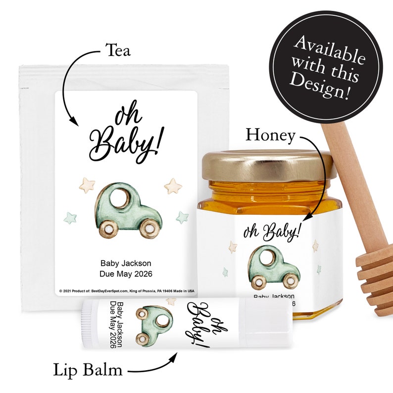 May include: A collection of baby shower favors, including tea, honey, and lip balm. Each item features a watercolor design of a teal car and the text "oh Baby!". The favors are personalized with the name "Baby Jackson" and the due date "May 2026".