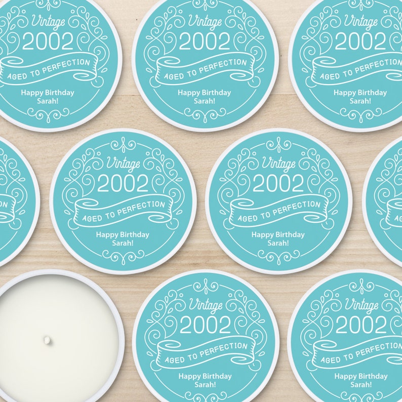 Mini personalized candle favors for guests to celebrate your vintage birthday