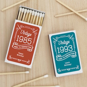 Birthday Party Favor Matches, Aged to Perfection Birthday Favors, Personalized Matchboxes, Milestone Birthday Celebration -Set of 50