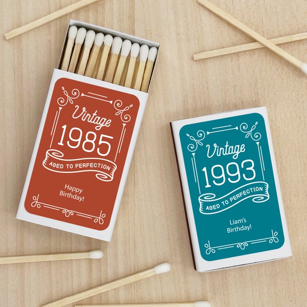Birthday Party Favor Matches, Aged to Perfection Birthday Favors, Personalized Matchboxes, Milestone Birthday Celebration -Set of 50