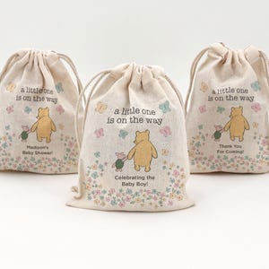 Winnie the Pooh Baby Shower Bag, Custom Mini Drawstring Tote Bag, Baby Shower Favor for Guests, Custom Printed Favor Bag, Pooh Themed Shower