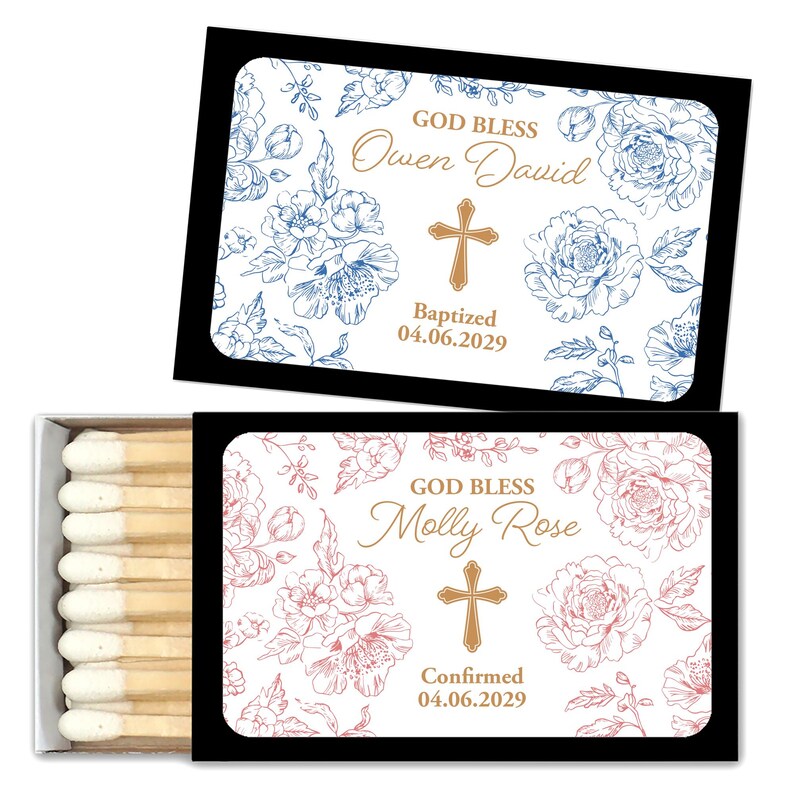 Puede incluir: Dos cajas de cerillas con dise&ntilde;os florales. Una caja presenta flores azules y el texto "God Bless Owen David Baptized 04.06.2029." La otra tiene flores rosas y dice "God Bless Molly Rose Confirmed 04.06.2029."