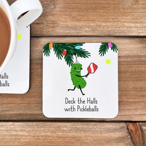 Pickleball Gifts, Pickleball Coasters, Deck the Halls with Pickleball, Christmas Pickleball Gift, Custom Pickleball Coaster, Set of 4