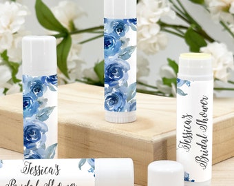 Blue Toile Wedding, Watercolor Blue Floral Favor, Personalized Lip Balm Favors, Wedding Favors, Bridal Shower Favor, Birthday - Set of 12