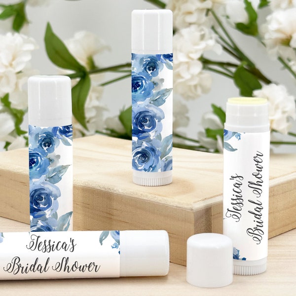 Blue Toile Wedding, Watercolor Blue Floral Favor, Personalized Lip Balm Favors, Wedding Favors, Bridal Shower Favor, Birthday - Set of 12