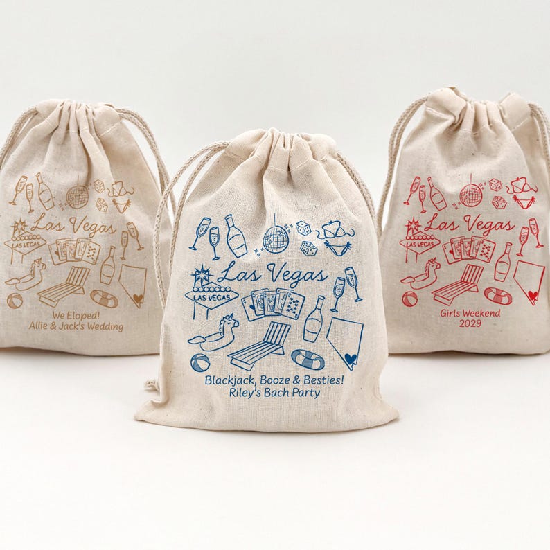 Natural color cotton bags with drawstring top with a Las Vegas doodle design representing a disco ball, playing cards, Vegas sign, pool floats, and other pool related icons.  Includes two lines of custom text.
