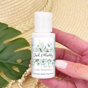 Mini Sunscreen Favor, Personalized Wedding Favors, Bachelorette Party Favors,  Bridal Shower Favors, Botanical Wedding Favor - Set of 12