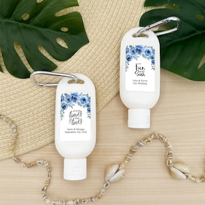 Sun Tan Lotion Favors, Personalized Sunscreen Favors, Blue Toile Favors, Bridal Shower Favor, Bachelorette Party, Wedding Favor - Set of 12