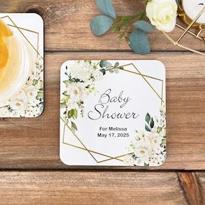 Baby Shower Favors, Baby Shower Coaster Favors, Personalized Coasters for Baby Showers, Geometric Floral Baby Shower, Baby Announcement Gift