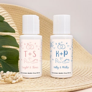 Mini Sunscreen Favor, Personalized Wedding Favors, Bachelorette Party,  Bridal Shower Favors, Hand Drawn Wedding Doodles- Set of 12
