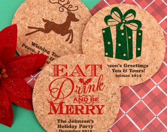 Christmas Hostess Gift, Holiday Party Favors, Personalized Round Cork Coaster, Cork Coaster Gifts, - Set of 4