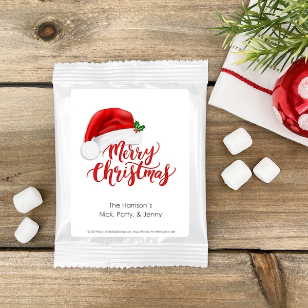 Merry Christmas with Santa Hat Hot Chocolate, Personalized Cocoa  Favors, Holiday Hot Chocolate Favors - Set of 24