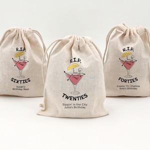 Cosmo Birthday Party Favor Bags, Custom Mini Drawstring Tote Bag, Birthday Favors, RIP Forties, Martini Birthday, Sip Happens Birthday Party