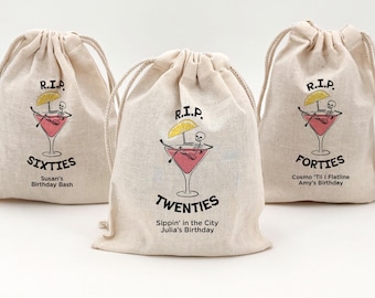 Cosmo Birthday Party Favor Bags, Custom Mini Drawstring Tote Bag, Birthday Favors, RIP Forties, Martini Birthday, Sip Happens Birthday Party