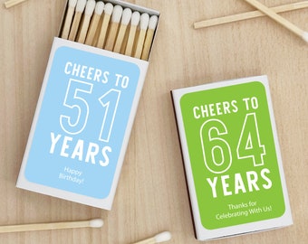 Personalized Birthday Matchboxes, Milestone Party Favors, Set of 50