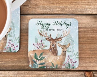 Traditional Christmas Coasters, Holiday Deer Coaster Set, Christmas Decor, Christmas Gift, Holiday Dinner, Festive Holiday Coasters