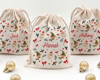 Personalized Watercolor Christmas Drawstring Bag, Santa Elf Pattern